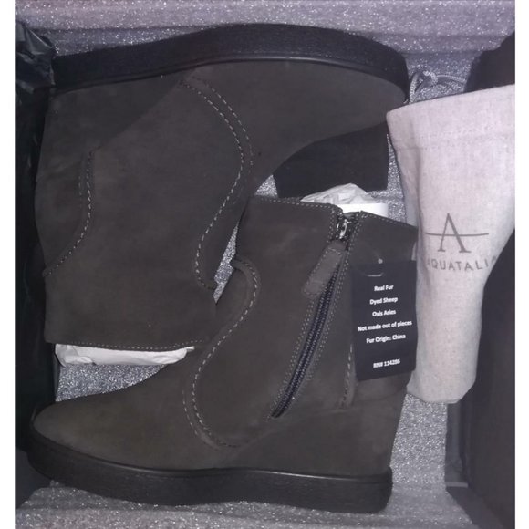 NIB Aquatalia 7.5/8 Shearling Fur Lined Grey Suede Camellia Wedge Ankle Boots - Picture 5 of 10